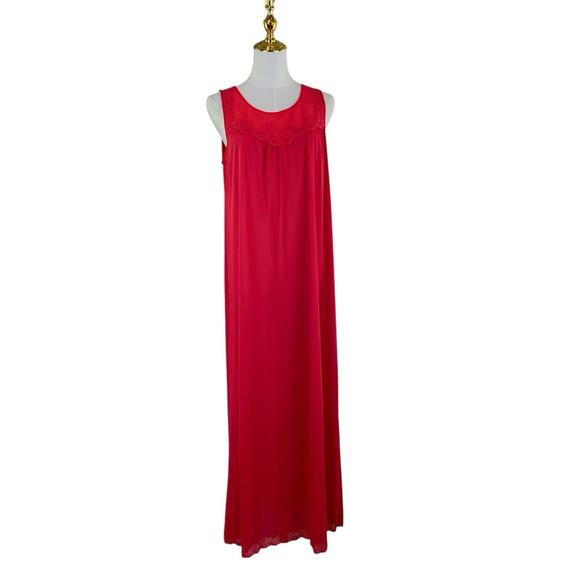 Vintage 70s Red Nylon Chiffon & Lace Trim Maxi Babydoll Nightgown Women’s Size M - Picture 2 of 10